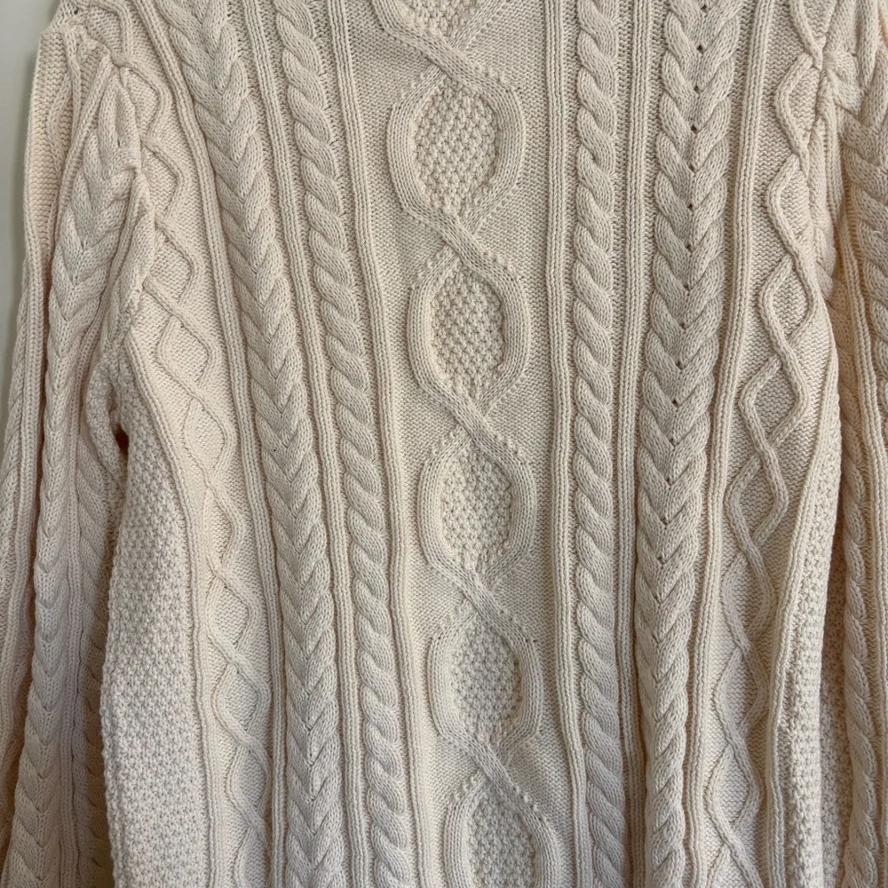 L.L Bean Cream Cable Knit Sweater Women’s Size L 100% Organic Cotton Fisherman - Picture 7 of 8
